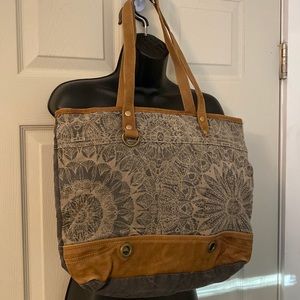 Myra canvas tote 16" x 4.5" x 13.5", with a leather handle/shoulder strap 11in